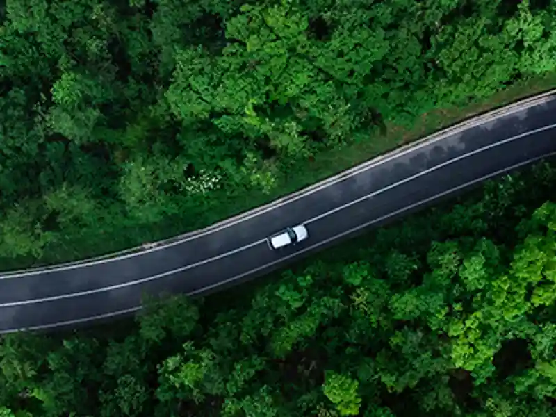 A high arial view of a vehicle travelling along a winding wilderness road.